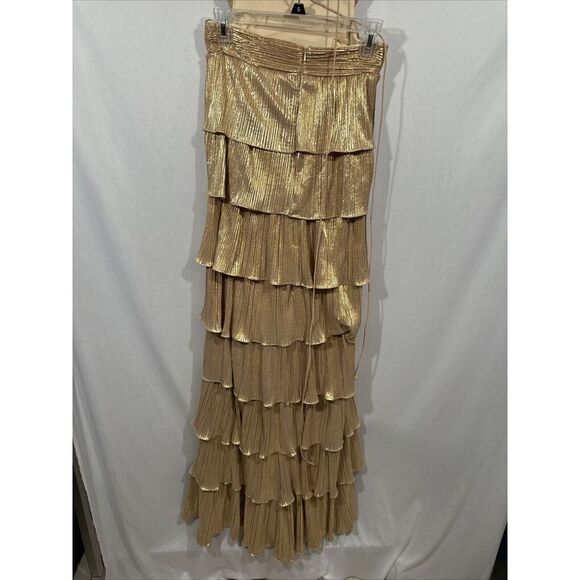 NWT‎ $498 IEENA Mac Duggal [ 4 ] 26740 Ruffle Tiered Lace Up Gown Gold - Picture 16 of 16